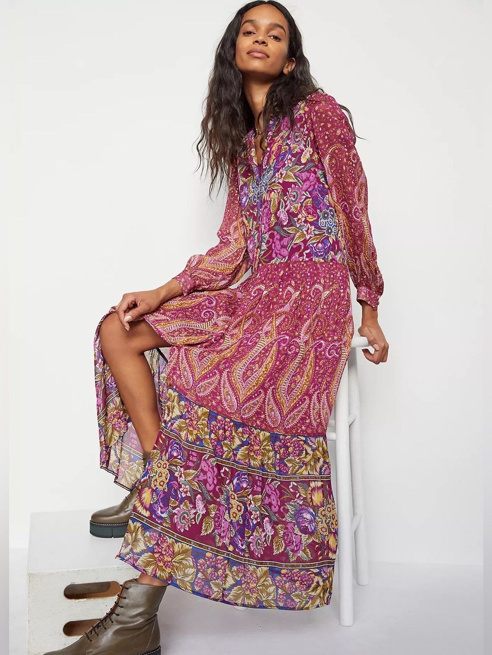 NWT Anthropologie Nikole Maxi Shirtdress Abstract Floral Paisley Pink Purple L - Picture 3 of 6